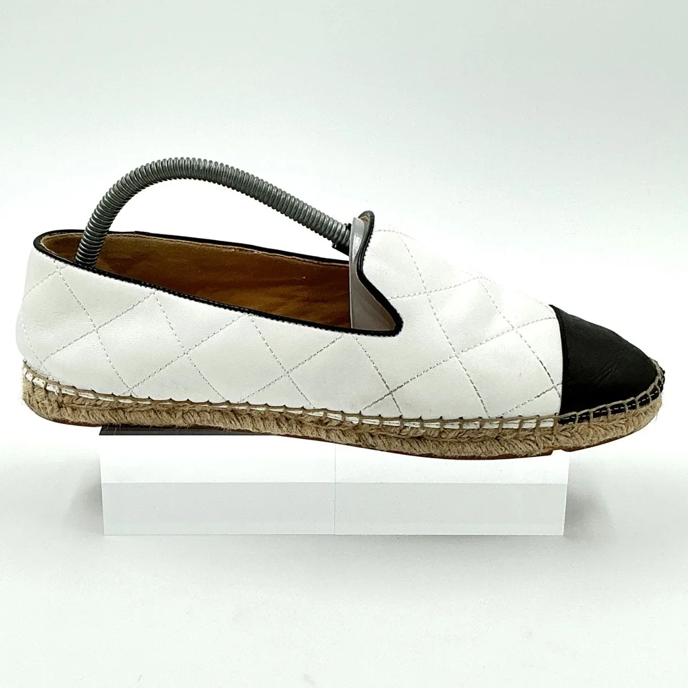 Talbots Size 9.5 White Quilted Leather Espadrille Loafers Black Cap Toe